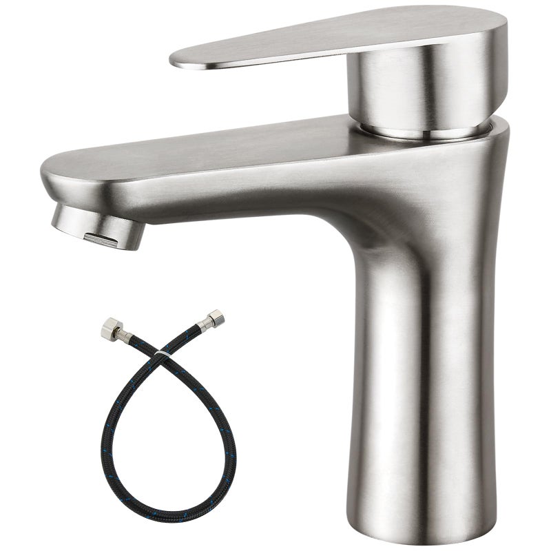 Heyalan Bathroom Faucet Single Handle 1 Hole SUS304 Stainless Steel Deck Mount Lavatory Single Switch Basin Sink Faucet Without Pop Up Drain and Cold Water Only Brushed Nickle - Image 1
